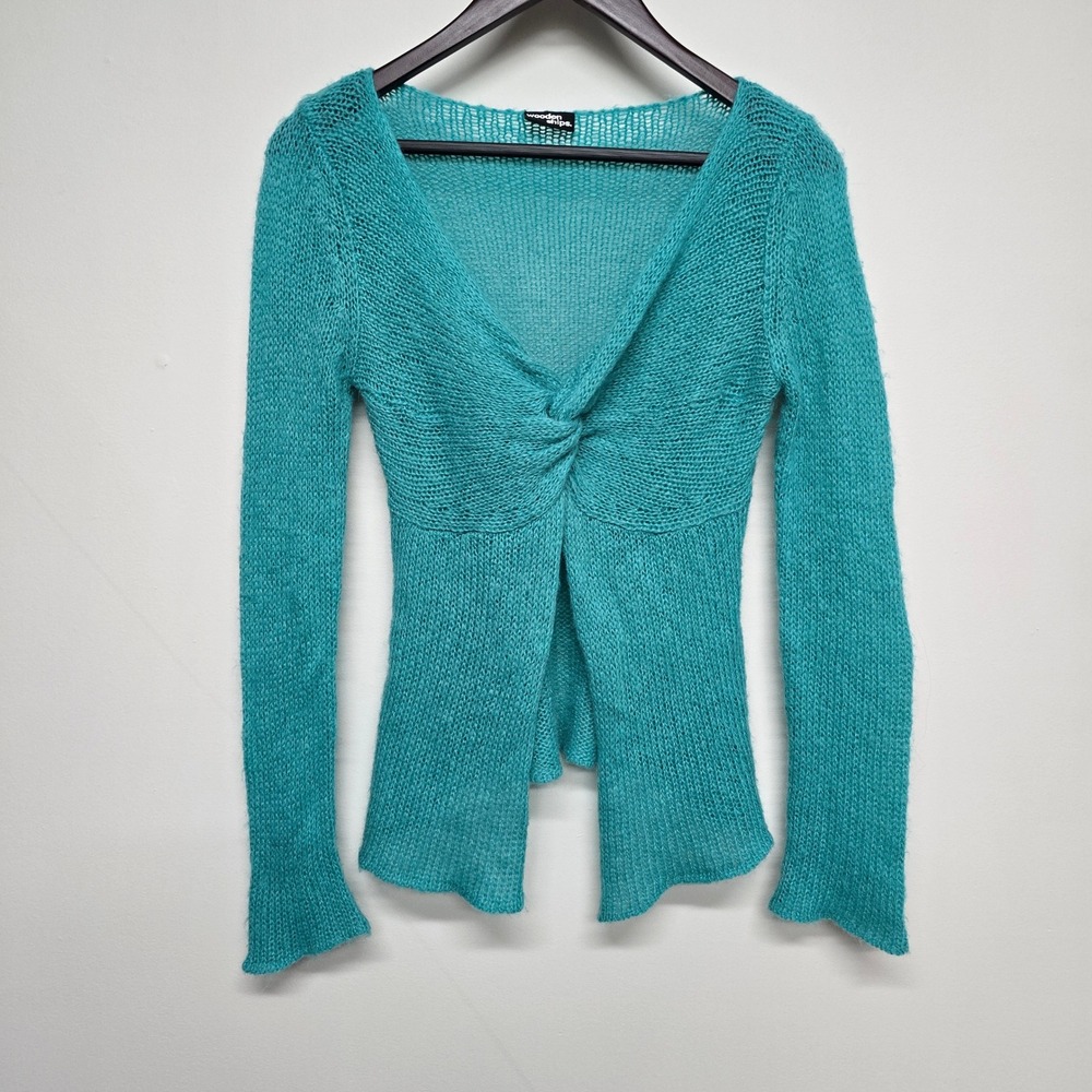 Wooden Ships Twist Front Mohair Blend Sweater Women S/M Teal Blue Open Knit Boho